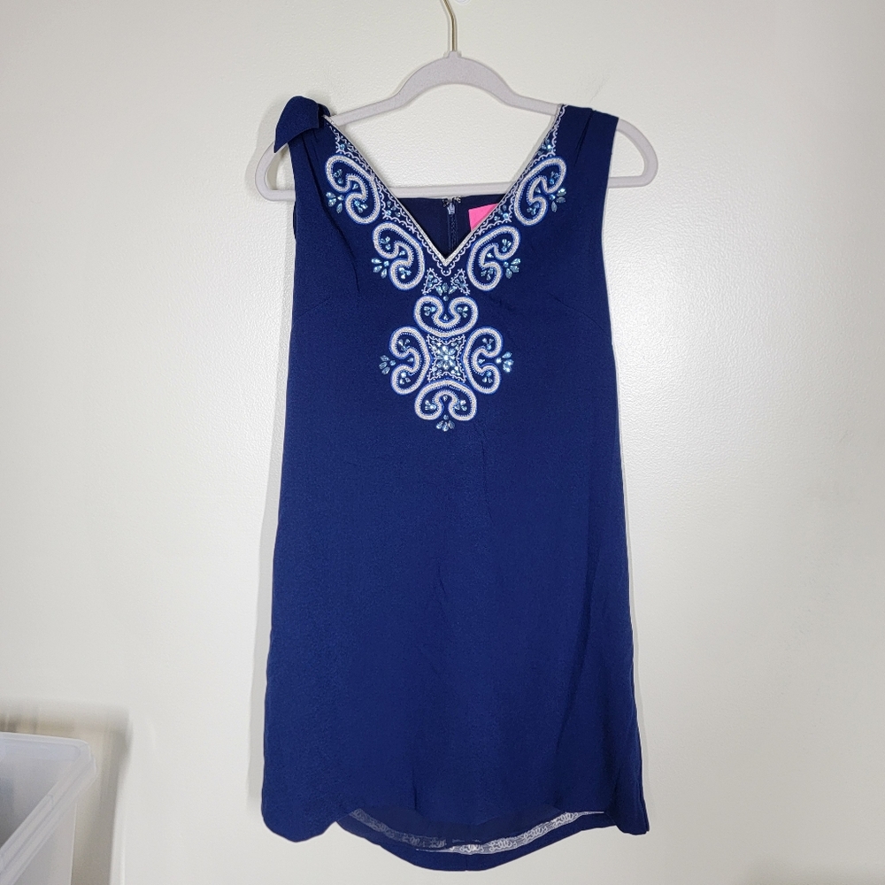 Lilly Pulitzer Penelope Shift Dress Navy Embellished Neckline Size 8 - Picture 2 of 7